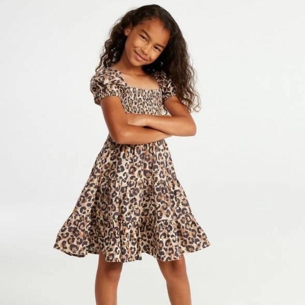 NWT FabKids Tiered Smocked Dress Cheetah Animal Print Size XS 4T 5T
